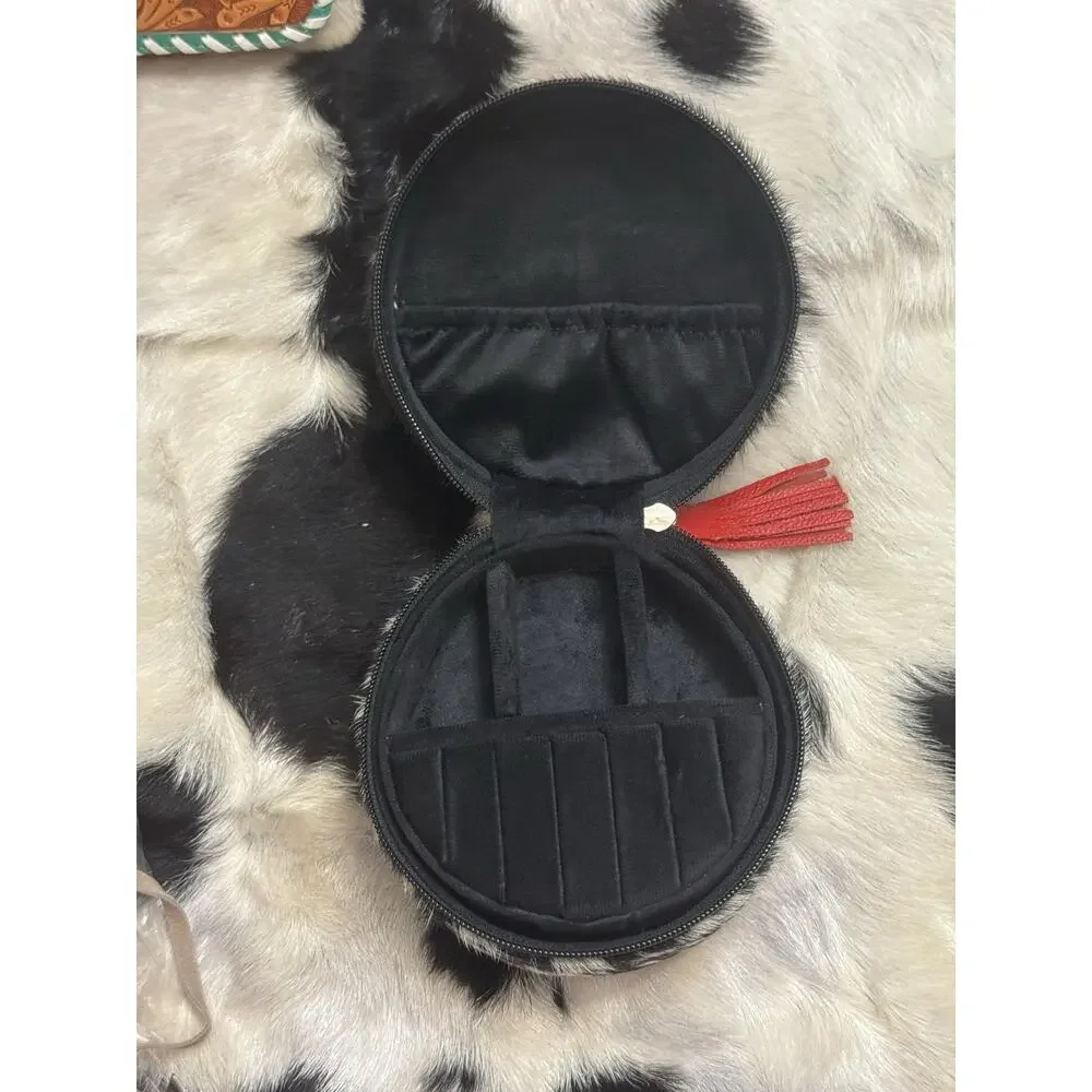 Handmade Red Leather Tooled Cow Hide Black White Jewelry Box Ring Travel Case